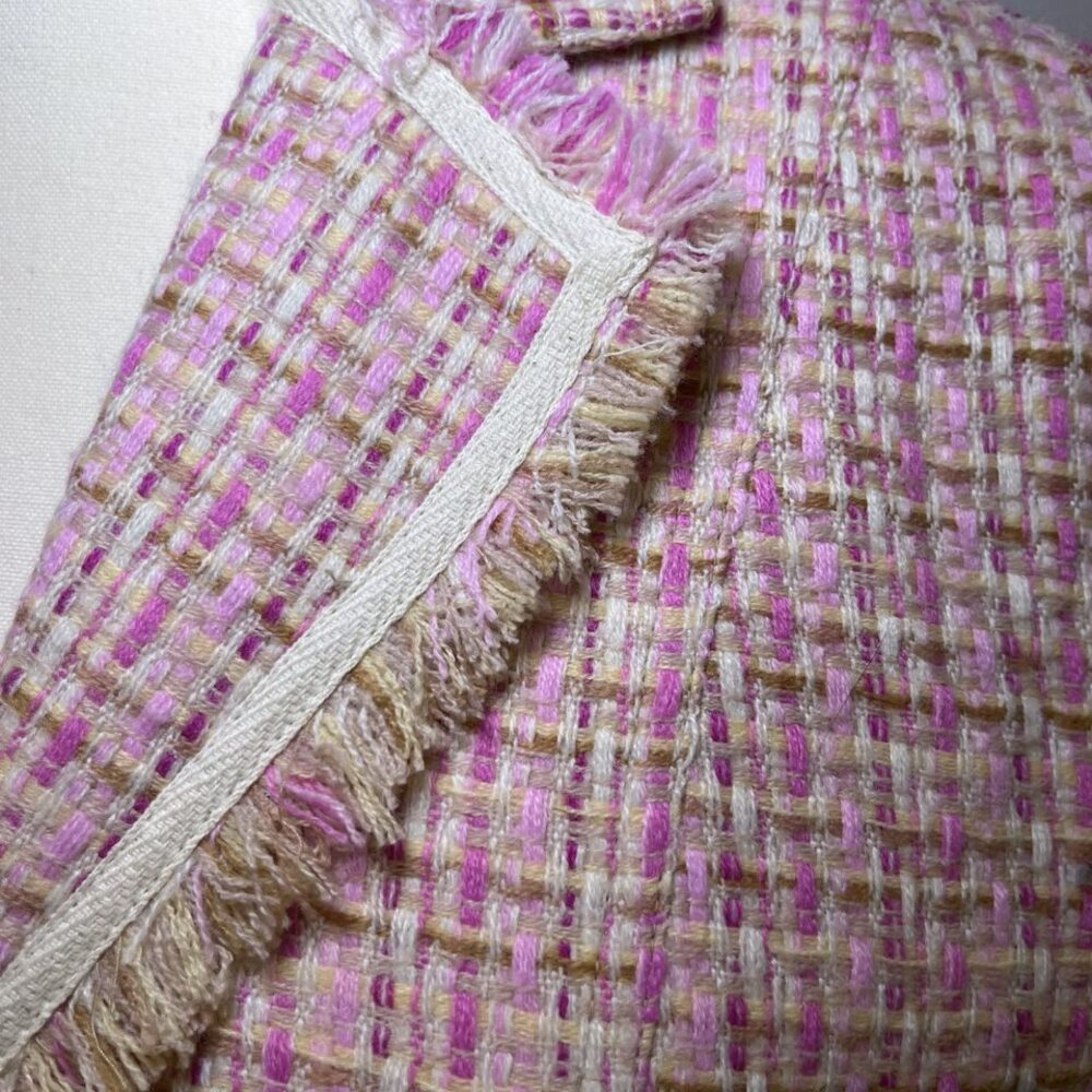 Moa Moa cropped fringe blazer jacket tweed pink tan cream women L - Picture 2 of 14